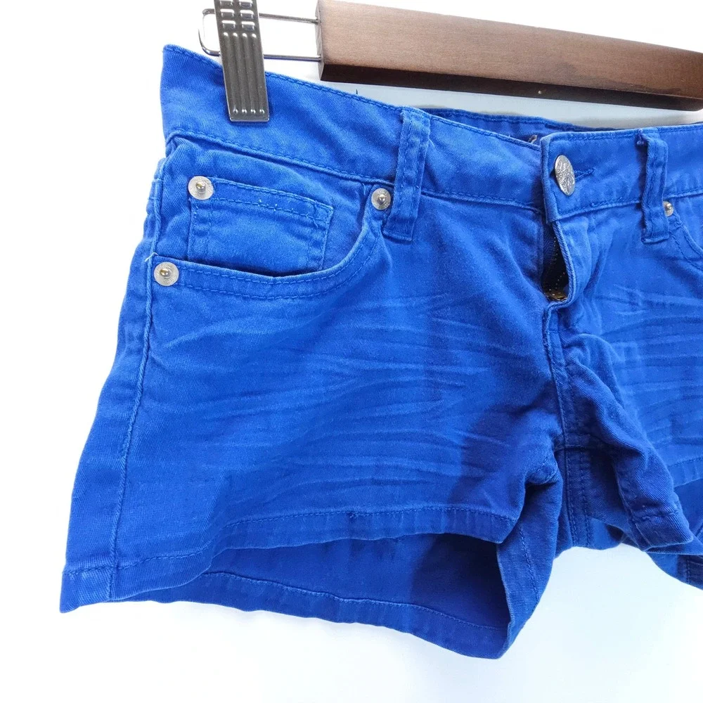 Y2K Wishful Park Shorts Womens 1 Blue Low Rise Whiskered Denim Hot Pants - Picture 3 of 8